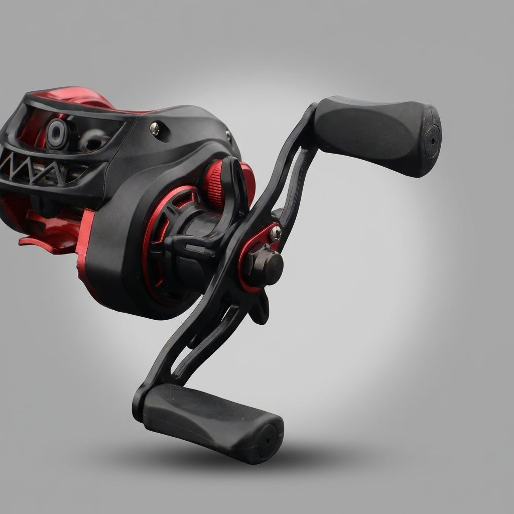 Rot · Detailansicht von Kurbel und Sternbremse der roten Baitcaster