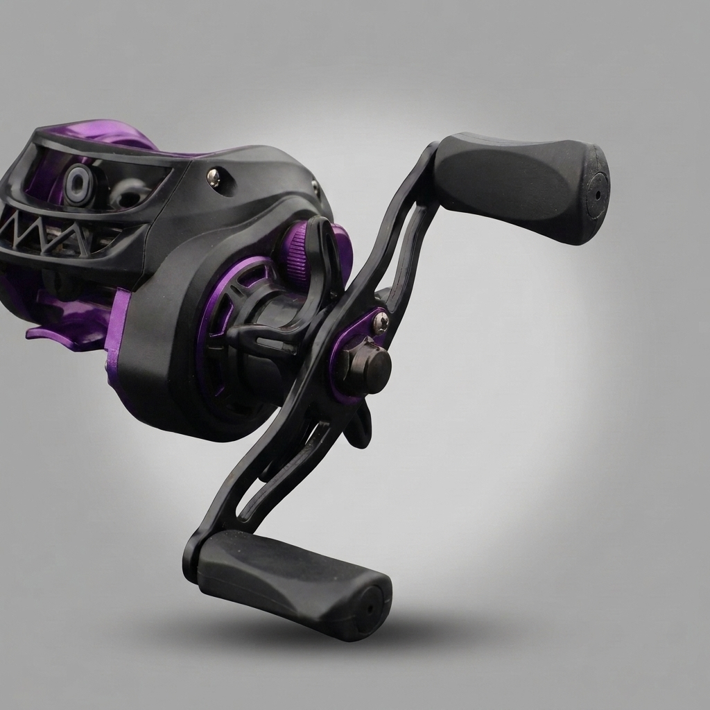 Lila · Detailansicht von Kurbel und Sternbremse der lila Baitcaster