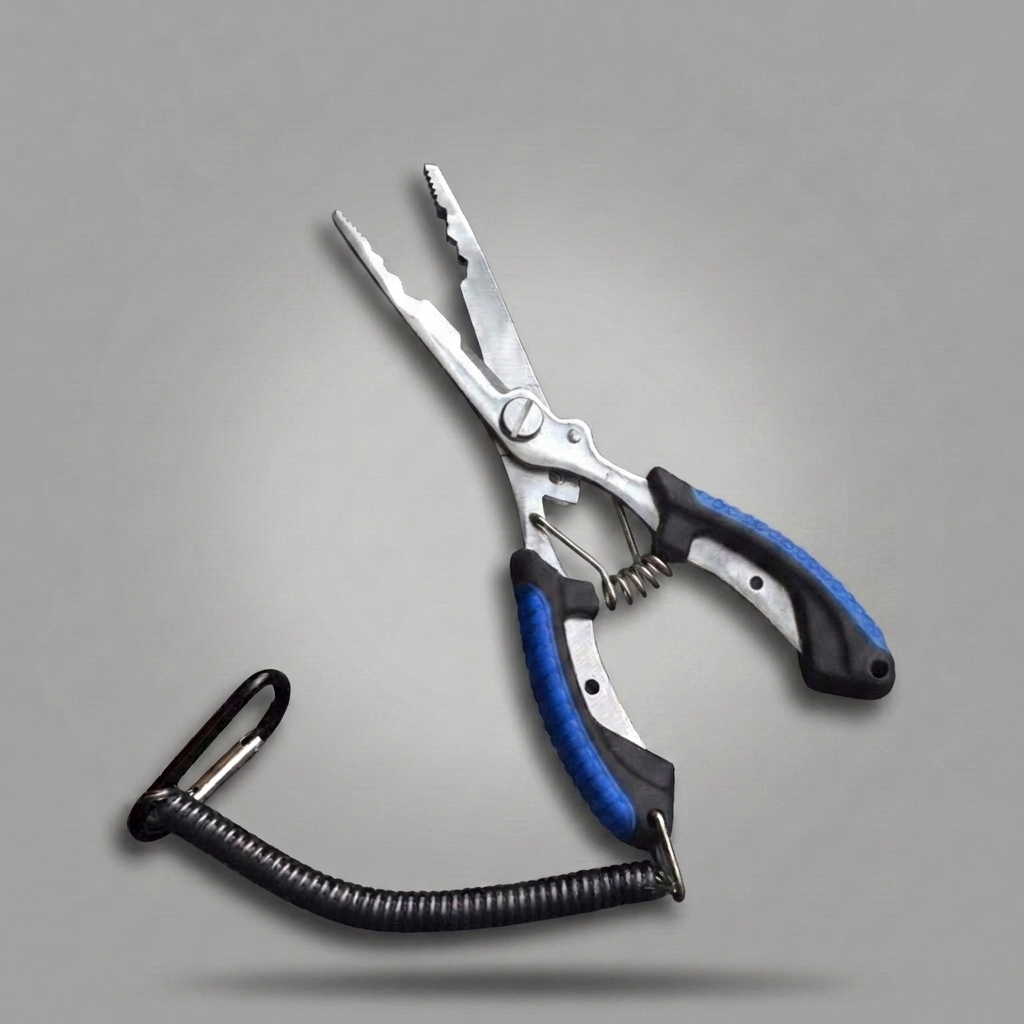 Blau · Blaue Angelzange geöffnet mit Sicherungsband und Karabiner