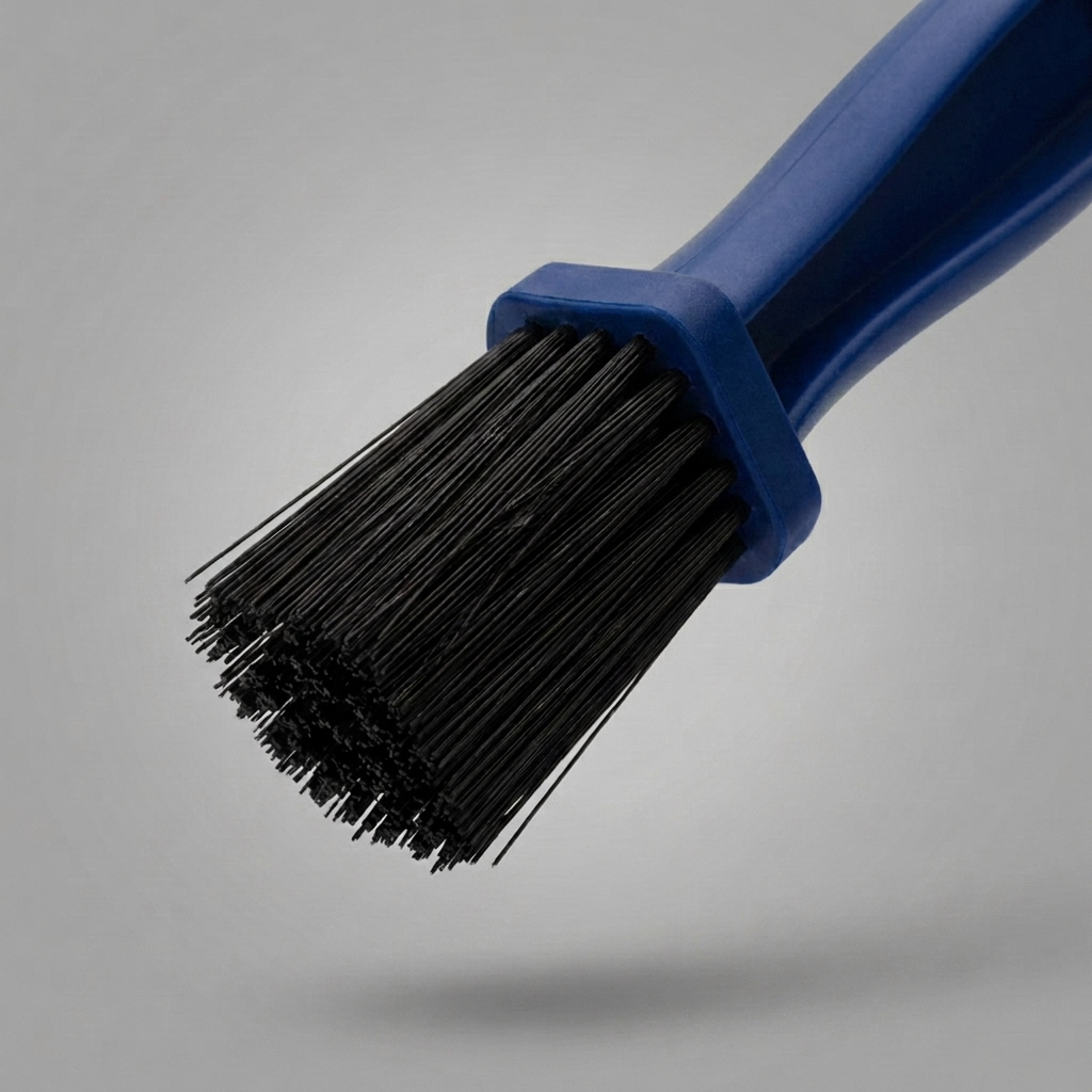 Blau · Nahaufnahme der Borsten der blauen Ketten-Reinigungsbürste