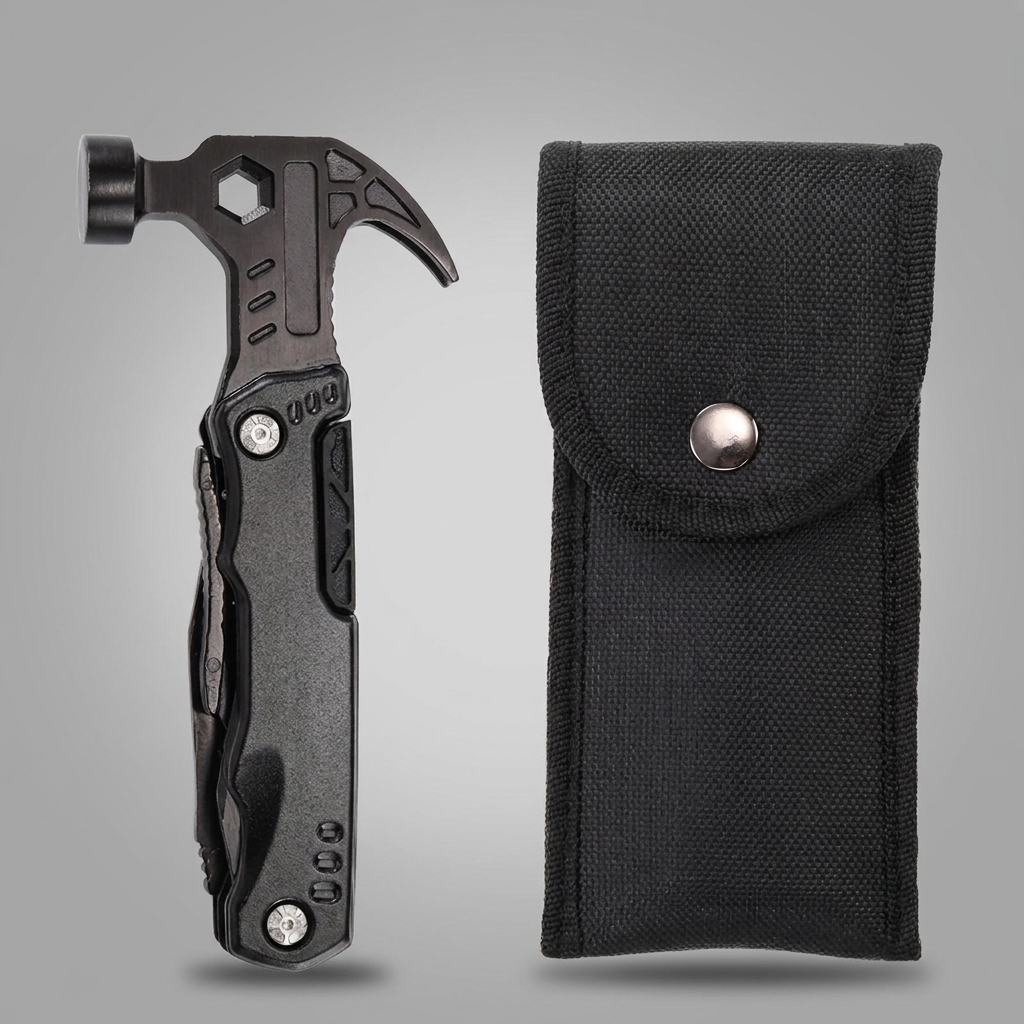 Outvolt Multitool-Hammer aus Edelstahl mit schwarzem Gürteletui