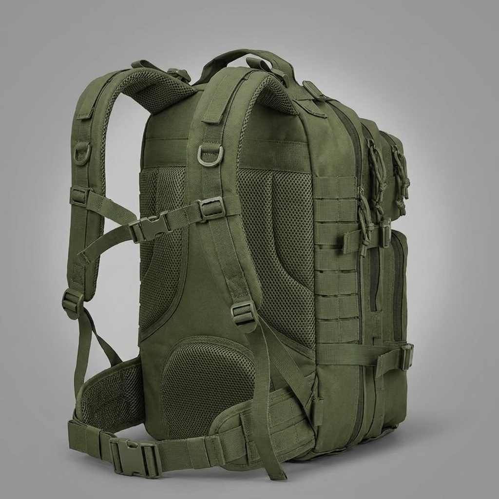 Armeegrün · Trailpack 38L von hinten mit belüftetem Rückenpolster und Hüftgurt