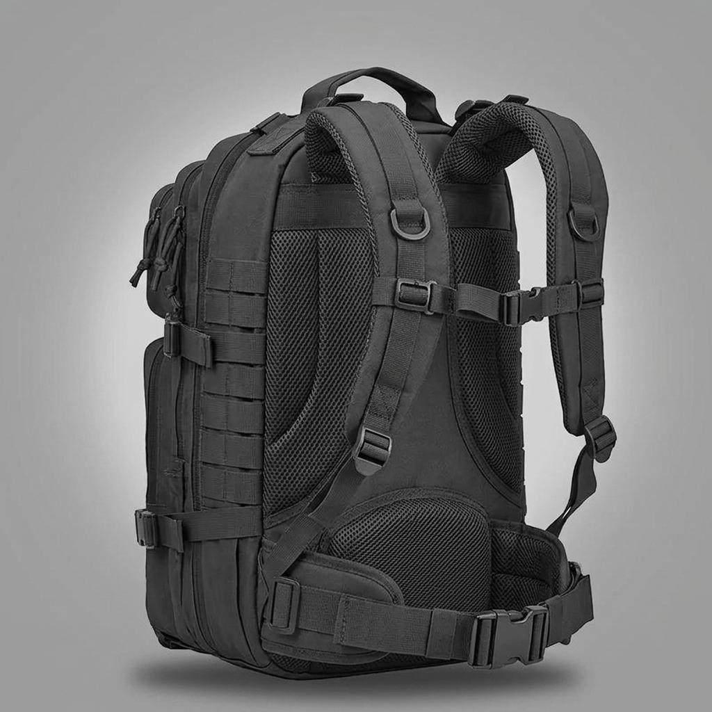 Schwarz · Trailpack 38L von hinten mit belüftetem Rückenpolster und Hüftgurt