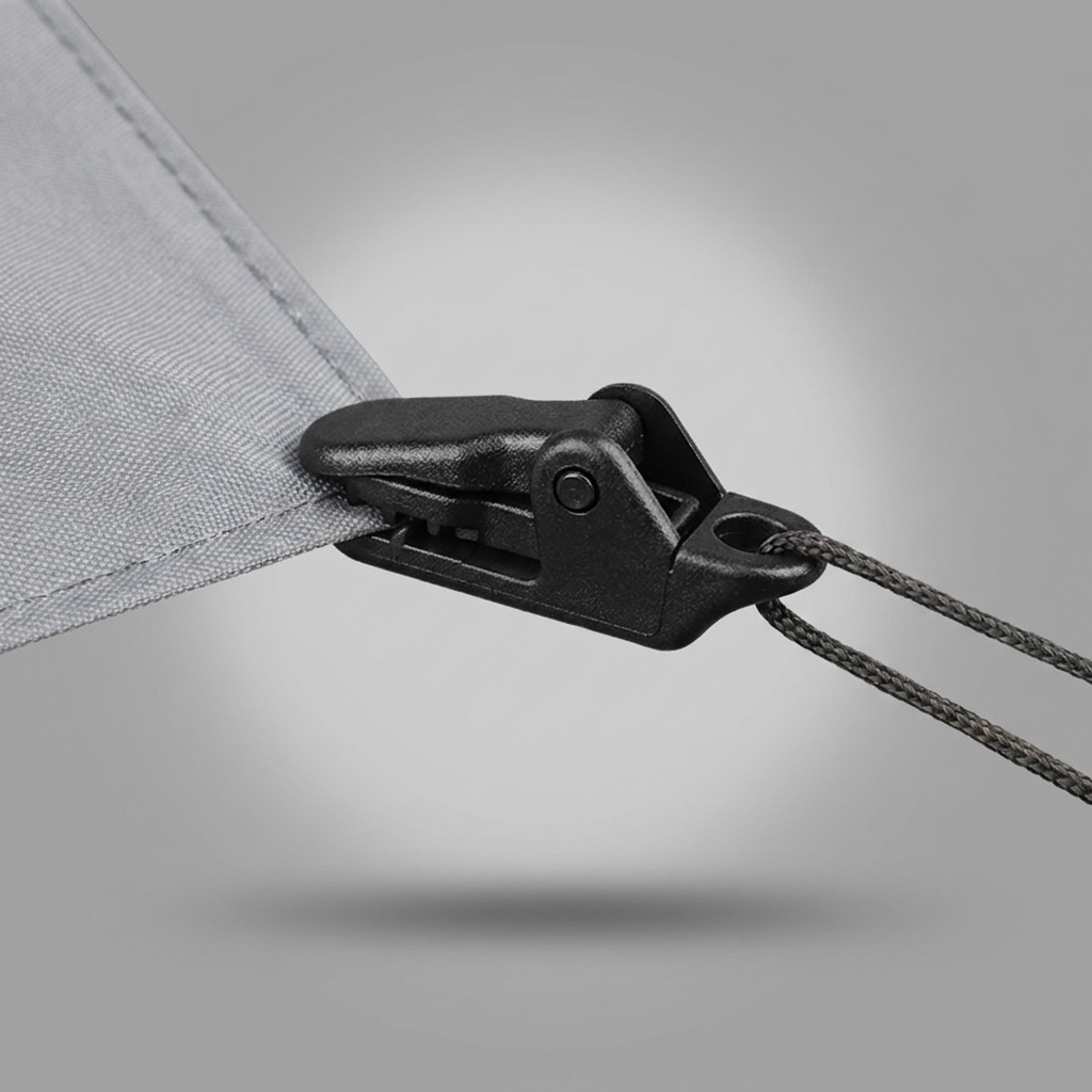Outvolt Zeltclip klemmt an einer Planenecke, mit eingefädelter Abspannleine